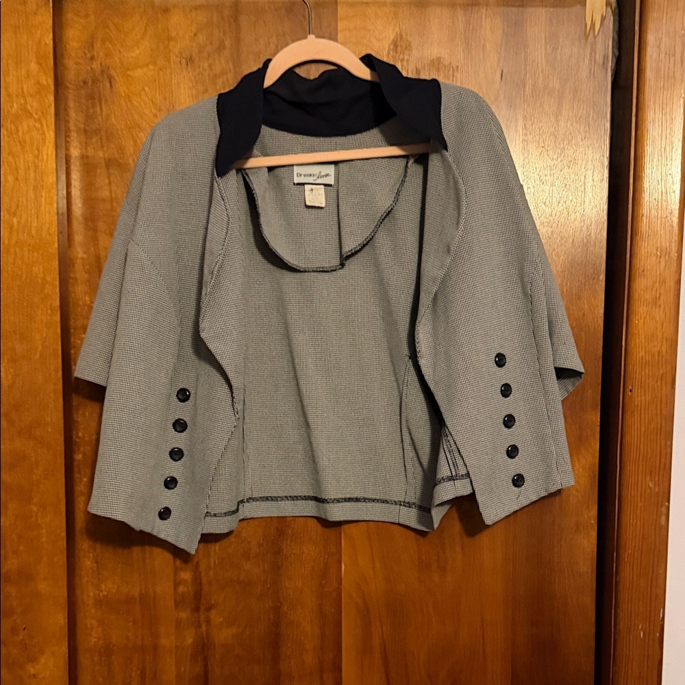 Eileen Fisher Gray Open-Front Cropped Jacket with Black Trim
